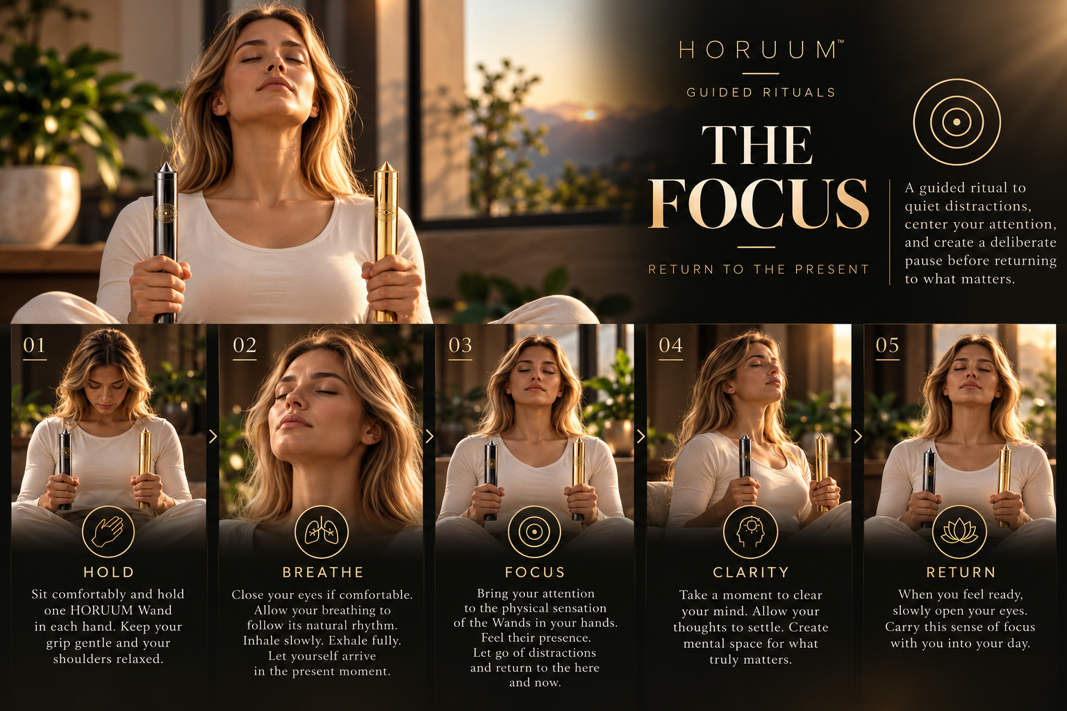 HORUUM Focus ritual — step-by-step demonstration with the signature copper and gunmetal wands