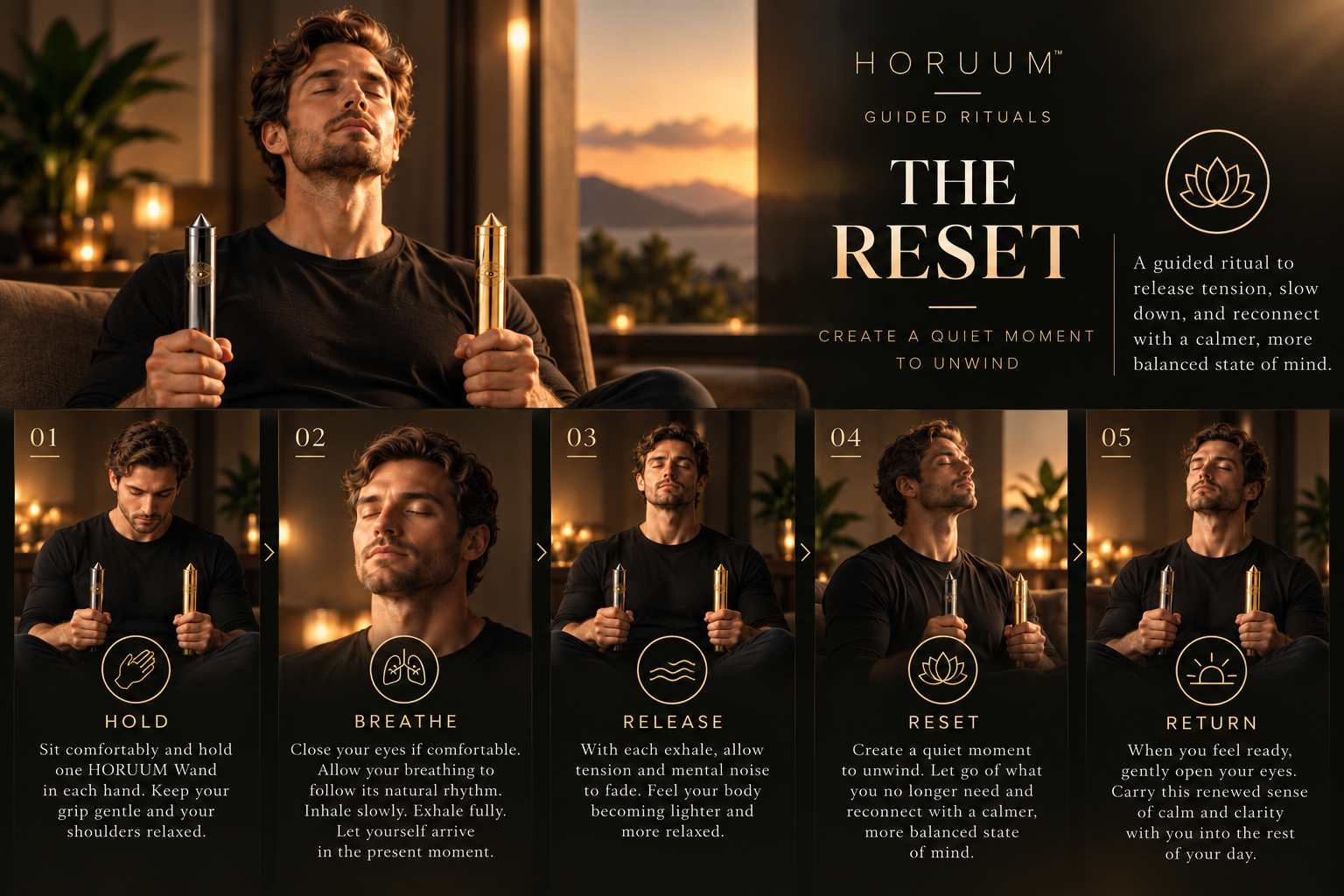 HORUUM Reset ritual — illustrated guide featuring the official copper and gunmetal meditation wands